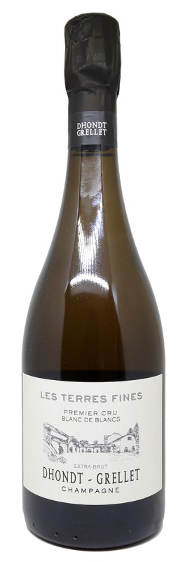 bouteille de Champagne Dhondt Grellet Les Terres Fines, étiquette sobre et élégante