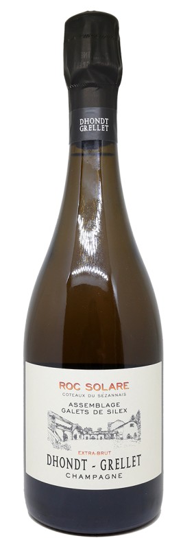 bouteille de champagne Dhondt Grellet Roc Solare, étiquette élégante