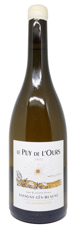 bouteille Savigny-lès-Beaune blanc 2023, Domaine du Puy de l’Ours, étiquette élégante, vigne en Bourgogne, terroir argilo-calcaire, vin blanc bio, cuve inox, vin sans bois, Chardonnay pur, paysage de la Côte de Beaune