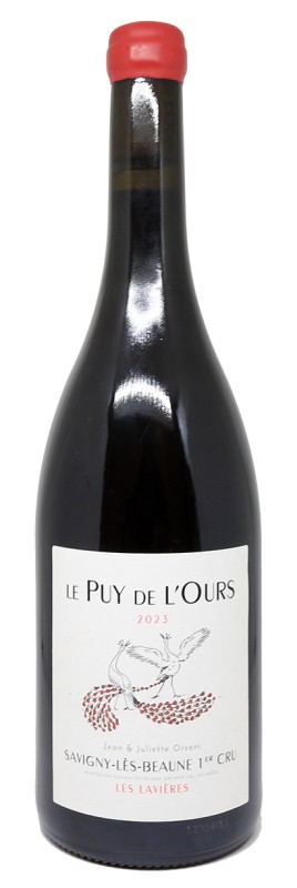bouteille de vin rouge 2023, Domaine du Puy de l’Ours, Les Lavières, Premier Cru Bourgogne, Pinot Noir, Savigny-lès-Beaune, élevage en fûts de chêne, terroir calcaire, étiquette sobre, vignes anciennes, vin bio en Bourgogne
