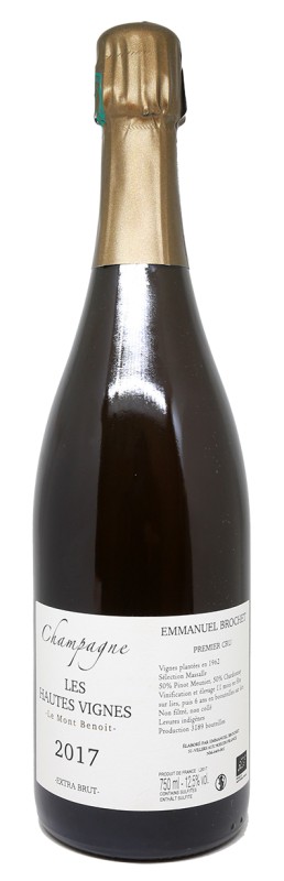 Bouteille de Champagne Emmanuel Brochet Les Hautes Vignes 2017, Extra Brut, Premier Cru, Meunier et Chardonnay, élevage long sur lies, vin bio, vigneron indépendant