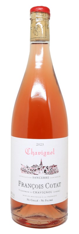 bouteille Sancerre rosé 2023, Domaine François Cotat, Pinot Noir, terroir terres blanches, vignoble Loire, vin nature, élevage en cuve, vin non filtré, couleur rose pâle, vignoble argilo-calcaire, étiquette élégante