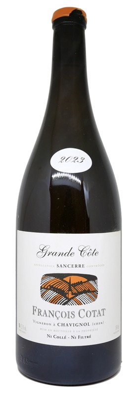 bouteille magnum Sancerre blanc 2023, Domaine François Cotat, La Grande Côte, Sauvignon Blanc, terroir terres blanches, vignoble Loire, vin nature, élevage en foudres, étiquette élégante, mise en bouteille artisanale, cuvée biodynamique