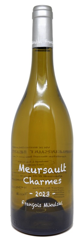 bouteille de vin blanc, françois mikulski, meursault 1er cru les charmes 2023, étiquette élégante