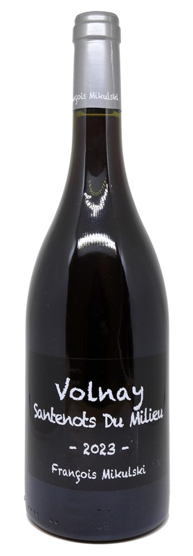 bouteille de vin rouge, françois mikulski, volnay 1er cru santenots du milieu 2023, étiquette sobre