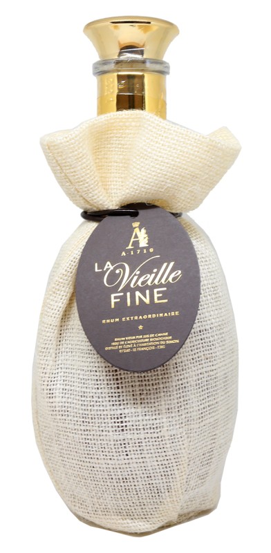 bouteille de rhum A1710 La Vieille Fine 3 ans bio, alambic charentais, fûts de chêne américain, canne bleue et canne violette, terroir Martinique, distillerie A1710
