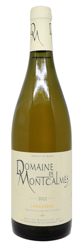 <p>bouteille de vin blanc, Domaine de Montcalmès, Blanc 2022, vin du Languedoc</p>