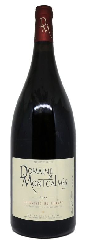 bouteille de vin rouge, magnum de vin rouge, étiquette Domaine de Montcalmès, Terrasses du Larzac, vin du Languedoc
