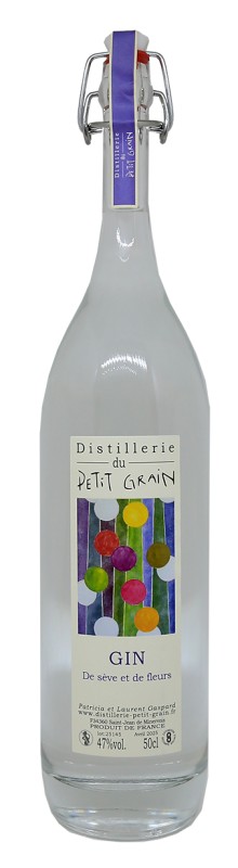 bouteille de gin, Distillerie du Petit Grain, gin artisanal, gin de sève et de fleurs, gin bio français, gin 47%, herbes sauvages, terroir du Languedoc, alambic cuivre, gin de garrigue