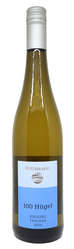 bouteille de Wittmann 100 Hügel Riesling Trocken 2024, vignoble biologique de Rheinhessen, Allemagne, vin blanc sec, cépage Riesling, vin biodynamique