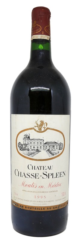 Magnum de vin rouge, étiquette Château Chasse-Spleen 1995, bouteille ancienne, Bordeaux, vin mature