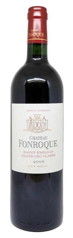Bouteille de vin rouge, étiquette Château Fonroque 2006, Saint-Émilion, millésime bio, bouteille bordelaise, Grand Cru Classé