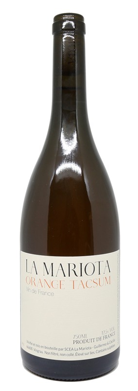 Bouteille La Mariota Orange Tacsum 2022, vin orange Roussillon, Muscat à Petits Grains, Muscat d’Alexandrie, vin nature, domaine bio, macération longue