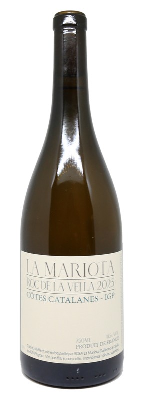 Bouteille La Mariota Roc de la Vella 2023, vin blanc Roussillon, Macabeu Roussanne, vin nature, domaine bio, pressurage grappes entières, élevage barrique et cuve