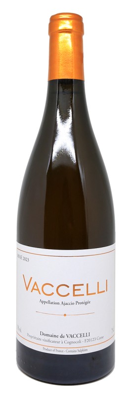 Bouteille de Vaccelli Rosé 2023, vin corse, étiquette élégante, couleur rose pâle, vin bio, 100% Sciaccarellu, Domaine de Vaccelli, vin haut de gamme