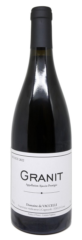 Bouteille Granit Rouge 2022, vin rouge Corse, Sciaccarellu vieux ceps, élevage œufs béton et demi-muids, robe rubis intense, Domaine de Vaccelli, vin bio, millésime 2022, vignoble Cognocoli-Monticchi