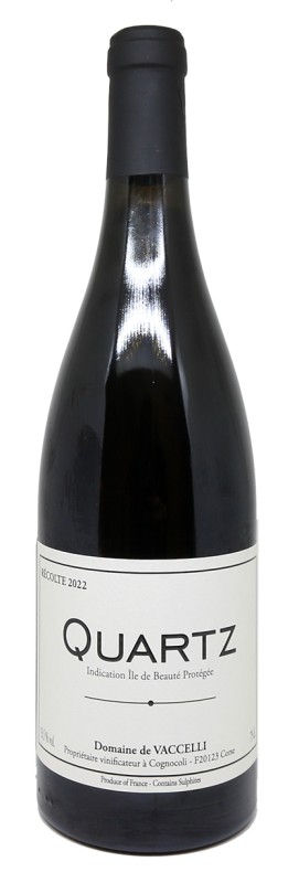 Bouteille Quartz Rouge 2022, vin rouge Corse, assemblage Carcajolo Minustellu Sciaccarellu, élevage œuf béton et demi-muids, robe grenat, Domaine de Vaccelli, vin bio, millésime 2022, vignoble Cognocoli-Monticchi