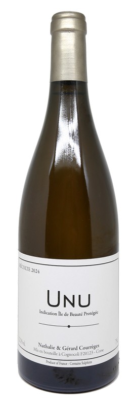 Bouteille Unu Blanc 2024, vin blanc corse, Vermentinu, robe or pâle, Domaine de Vaccelli, vin bio, étiquette sobre, élevage en bois, millésime 2024