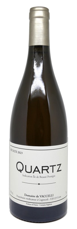 Bouteille Quartz Blanc 2023, vin blanc corse, cépages autochtones, étiquette Domaine de Vaccelli, robe or pâle, élevage en barriques, vin bio, millésime 2023