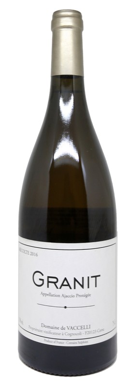 Bouteille Granit Blanc 2016, vin blanc mature, Vermentinu, robe dorée, Domaine de Vaccelli, élevage barrique, étiquette sobre, vin bio, millésime 2016