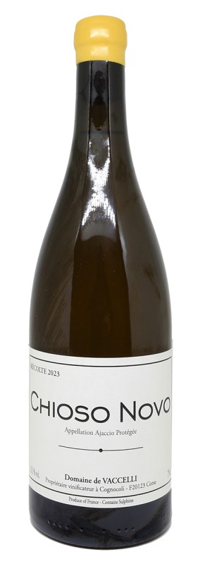 Bouteille Chioso Novo Blanc 2023, vin blanc corse, Vermentinu, parcellaire, Domaine de Vaccelli, vin biologique, millésime 2023