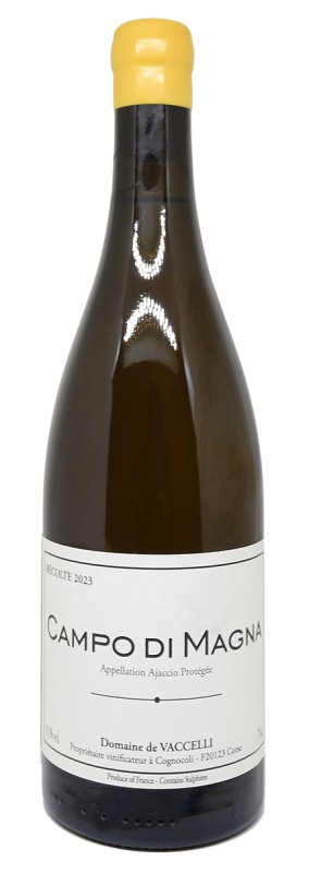 Bouteille Campo di Magna Blanc 2023, vin blanc corse, Vermentinu ancien, vin parcellaire, étiquette Domaine de Vaccelli, robe or pâle, élevage en foudres et demi-muids, vin bio, millésime 2023