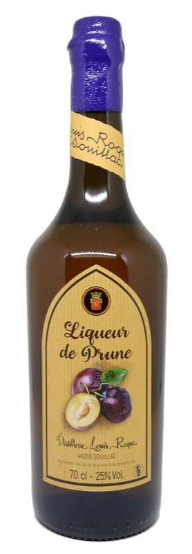 bouteille de liqueur de prune Louis Roque, prunes fraîches, verger du Sud-Ouest, distillerie familiale, produit naturel