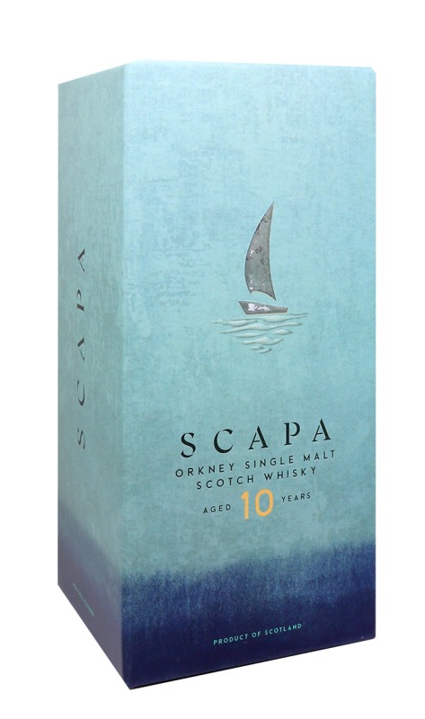 boite Scapa 10 ans, whisky single malt, distillerie Scapa, Orkney Islands, fûts de bourbon, whisky 48%, Scapa Kirkwall, whisky non tourbé, paysage maritime, alambic Lomond, whisky fruité