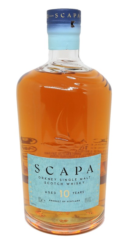 bouteille Scapa 10 ans, whisky single malt, distillerie Scapa, Orkney Islands, fûts de bourbon, Scapa Kirkwall, whisky non tourbé, paysage maritime, alambic Lomond, whisky fruité