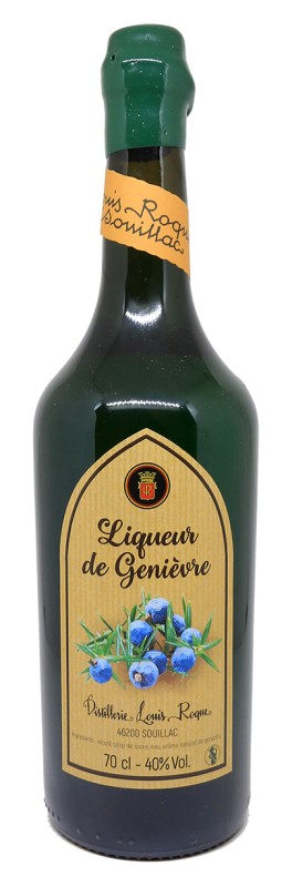 bouteille de liqueur de genièvre Louis Roque, baies de genièvre, étiquette traditionnelle, style artisanal, distillerie du Lot, produit de caractère