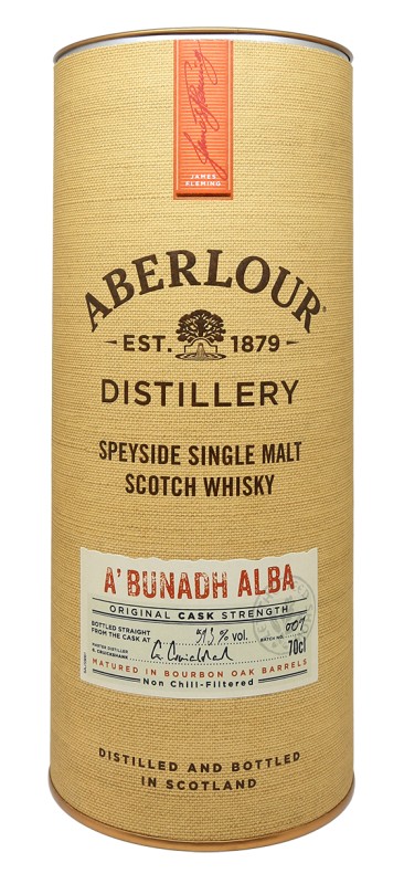 boite Aberlour A Bunadh Alba, whisky Speyside, fûts chêne américain, single malt non tourbé, 59,3%, distillerie Aberlour, James Fleming, whisky écossais, packaging whisky, malt vieilli, whisky fort