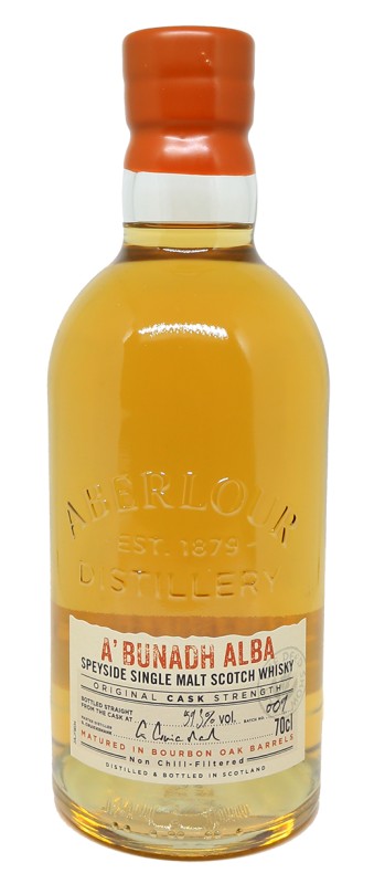 bouteille Aberlour A Bunadh Alba, whisky Speyside, fûts chêne américain, single malt non tourbé, 59,3%, distillerie Aberlour, James Fleming, whisky écossais, packaging whisky, malt vieilli, whisky fort