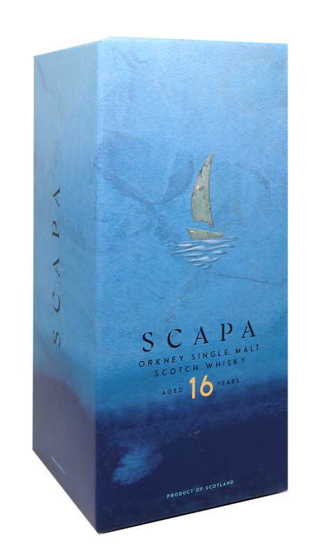 boite Scapa 16 ans, whisky single malt, distillerie Scapa, Orkney Islands, fûts de bourbon, bouteille 48%, whisky écossais, Scapa non tourbé, Scapa 16 packaging, whisky fruité, Scapa baie de Scapa Flow