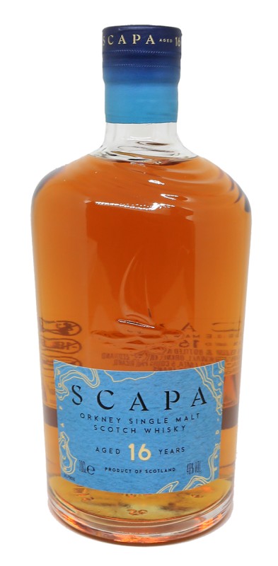 bouteille Scapa 16 ans, whisky single malt, distillerie Scapa, Orkney Islands, fûts de bourbon, whisky écossais, Scapa non tourbé, Scapa 16 packaging, whisky fruité, Scapa baie de Scapa Flow