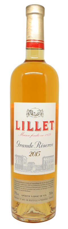 Bouteille Lillet Blanc Grande Réserve 2015, apéritif Bordeaux, vin aromatisé quinquina, macération agrumes, fût de chêne, vendange 2015, 17% alcool, dégustation Lillet, accord foie gras