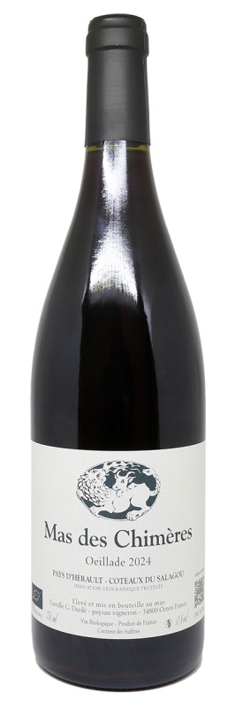 bouteille de Oeillade 2024, Mas des Chimères, vin rouge léger, vin bio du Languedoc, Cinsault