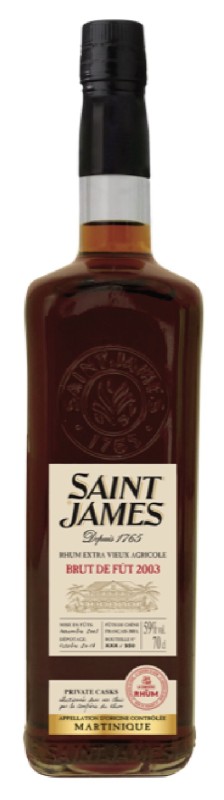Photo of the bottle of Saint James 2003, agricultural rum from Martinique AOC, selected by the rum brotherhood. It is a 59% cask brut and limited to 950 copies worldwide. La frérie du rhum is a famous Facebook group for all French-speaking rum lovers.