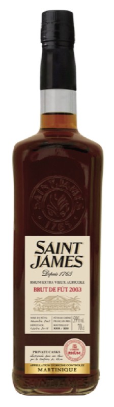 Photo de la bouteille de Saint James 2003, rhum agricole de martinique AOC, sélectionné par la confrérie du rhum. C'est un brut de fût à 59% et limité à 950 exemplaires dans le monde. La confrérie du rhum est un célèbre groupe de Facebook pour tous les amateurs francophones de rhum.