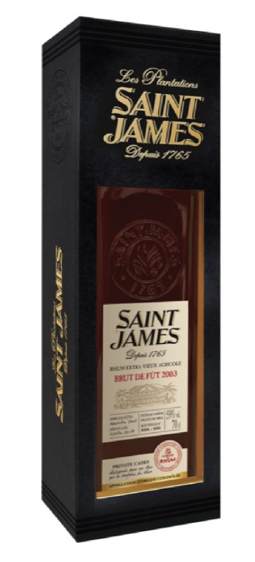 Photo of the bottle of Saint James 2003, agricultural rum from Martinique AOC, selected by the rum brotherhood. It is a 59% cask brut and limited to 950 copies worldwide. La frérie du rhum is a famous Facebook group for all French-speaking rum lovers.
